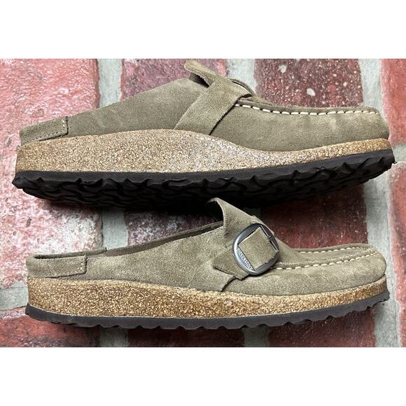 Birkenstock Buckley Suede Tan Clogs Moccasin Buckle Size 38 Narrow - Picture 4 of 14